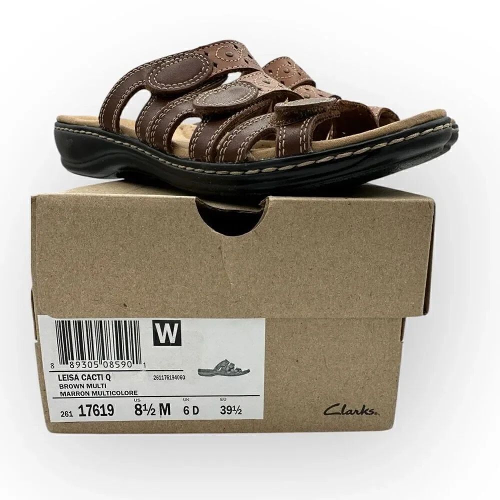 NWT Clarks Womens Leisa Cacti Leather Embellished Slip-on Sandals Brown Sz 8.5